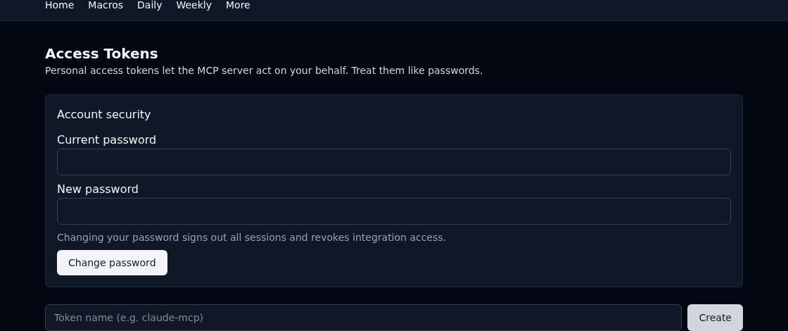 The Access Tokens page, showing a freshly created token and the list of existing ones with a Revoke link.